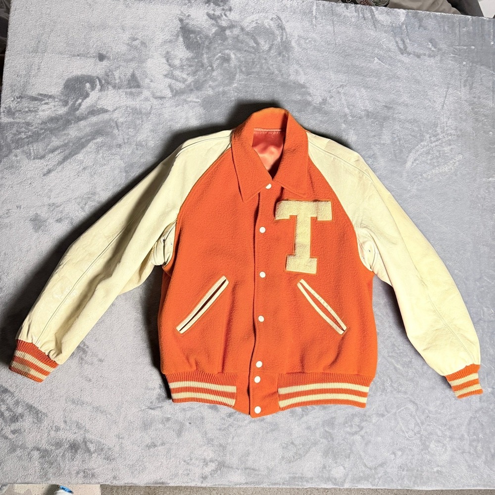 Vintage University Orange Wool Cream Leather Sleeve Varsity Letterman Jacket